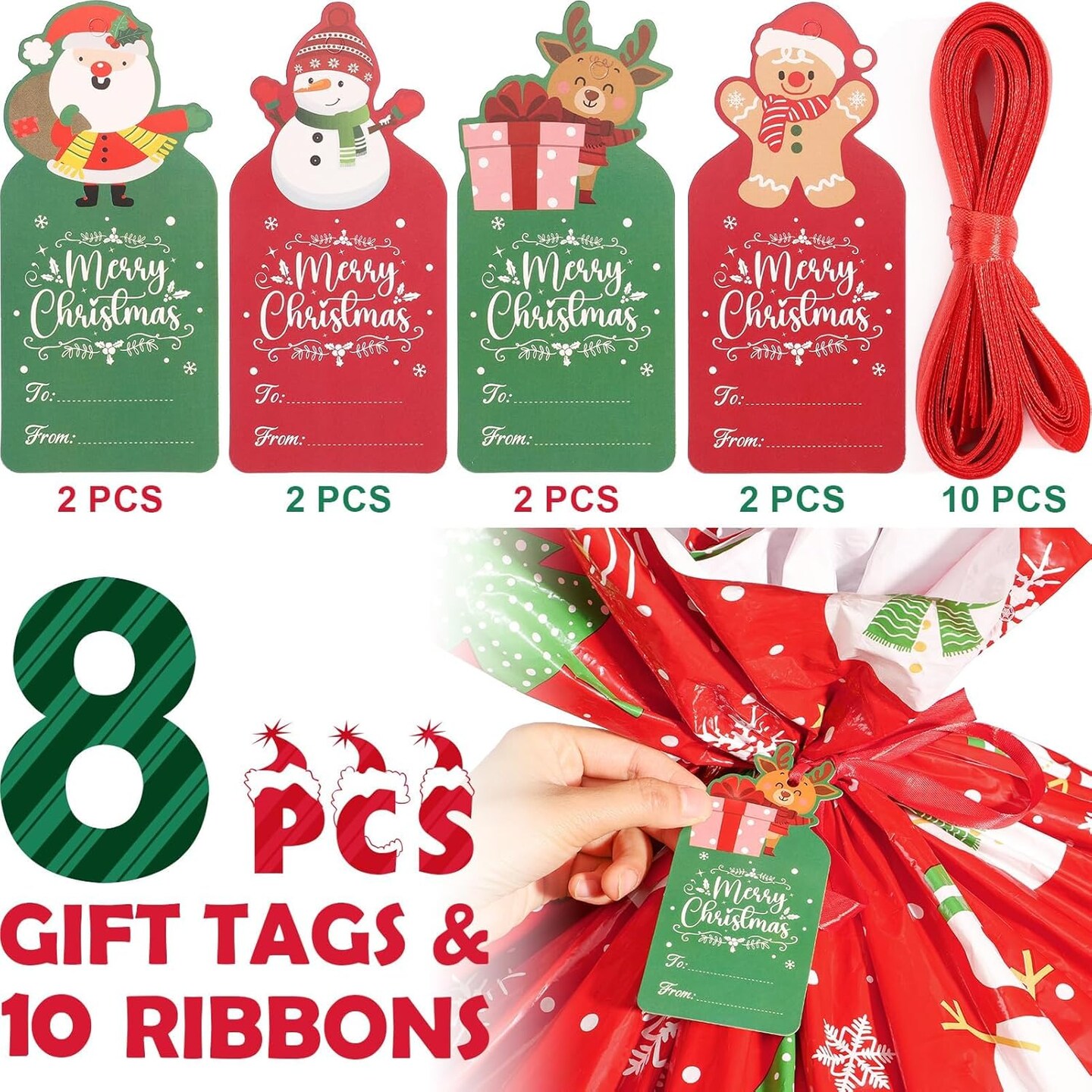 8 PCS Extra Large Christmas Gift Bags With Tags &#x26; Strings, 44&#x22;X36&#x22; Jumbo Christmas Gift Bags Large Size for Giant Gifts, Plastic Gift Wrapping Bags Xmas Holiday Party Favor Decoration Supplies