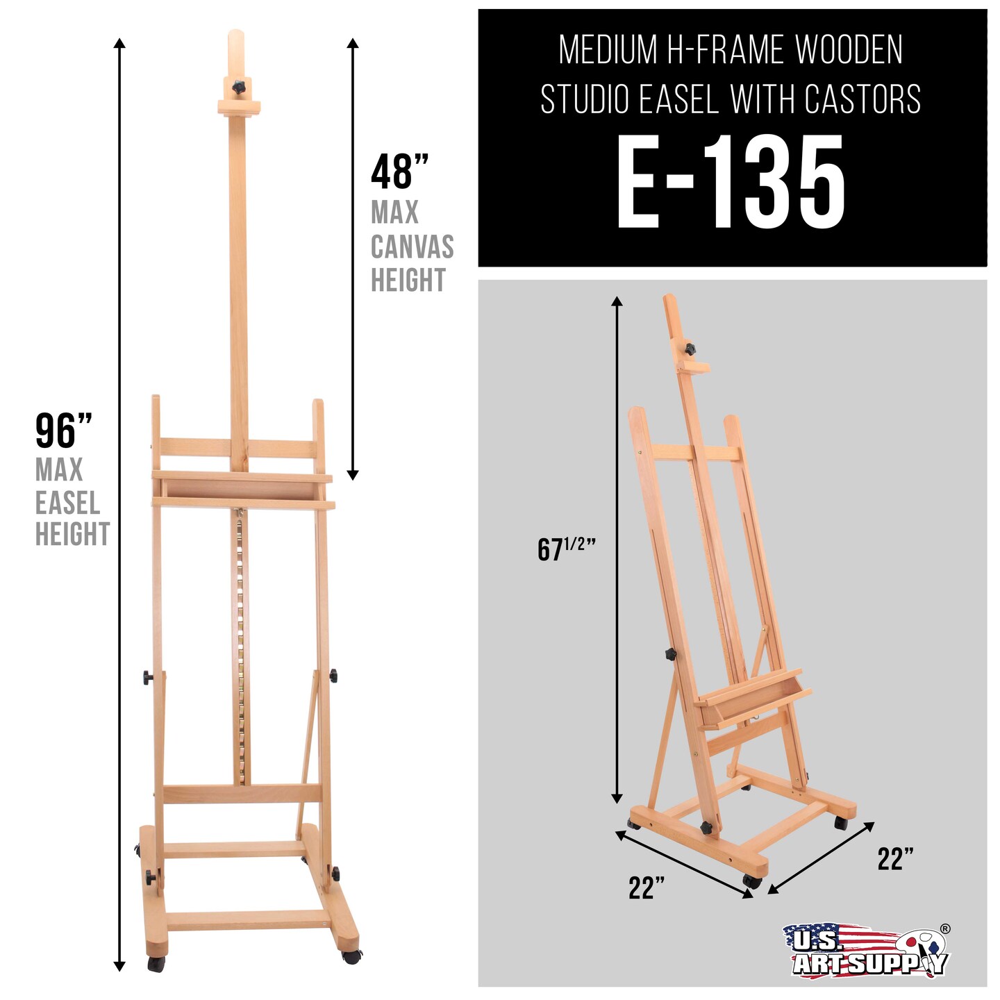 Medium Wooden H-Frame Studio Easel with Artist Storage Tray and Wheels - Mast Adjustable to 96&#x22; High, Holds Canvas to 48&#x22; Sturdy Beechwood Floor Stand