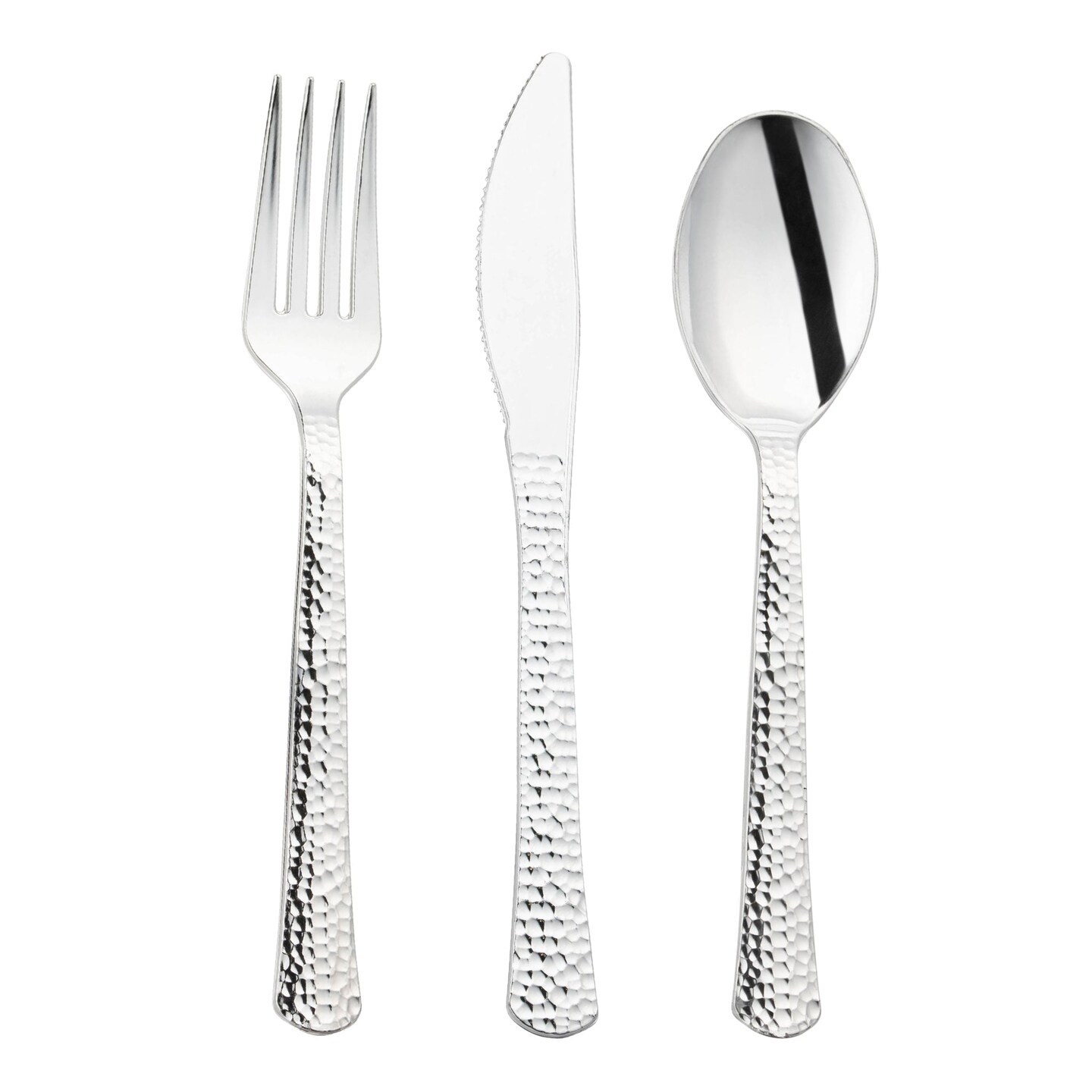 Shiny Metallic Silver Hammered Plastic Cutlery Set (1000 Guests)