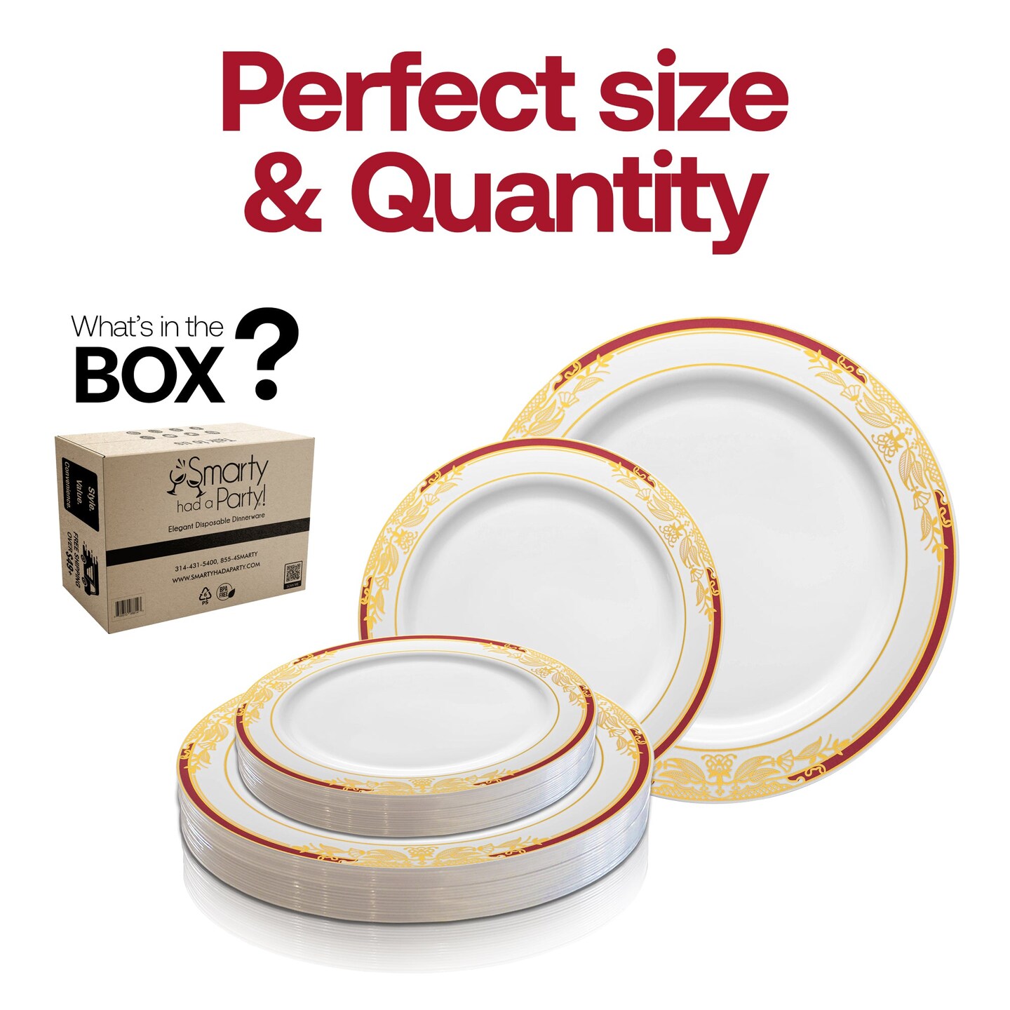 White with Burgundy and Gold Harmony Rim Plastic Dinnerware Value Set (120 Guests)
