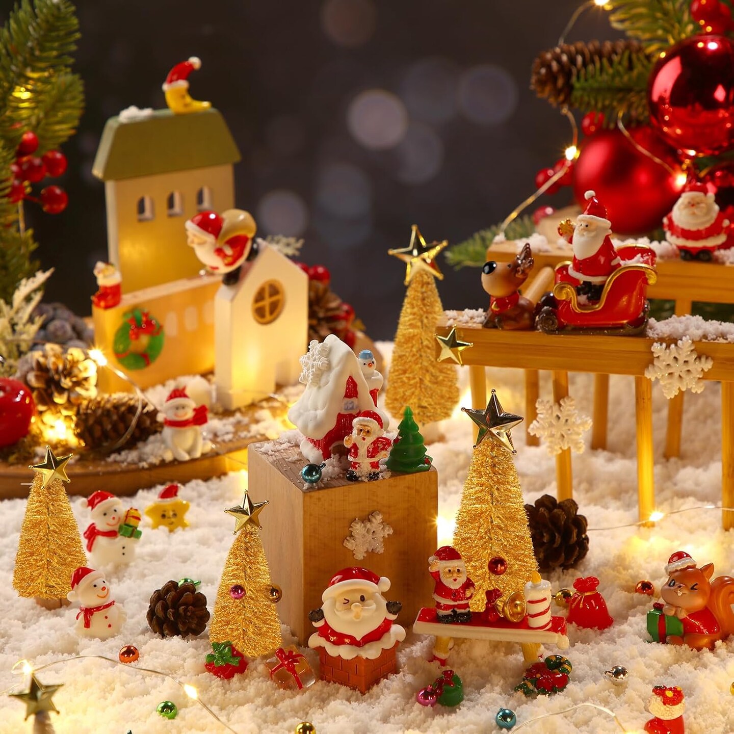 96 Pcs Miniature Ornaments for Snow Globe Kit DIY Christmas Village Decoration Christmas Figurines Mini Christmas Ornaments with Snowman Reindeer Santa Claus Snowflake(Gold)