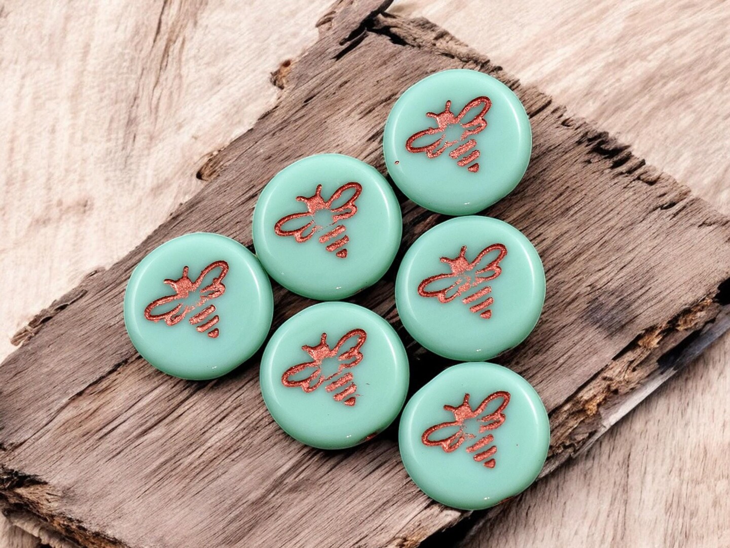 *12* 12mm Copper Washed Opaque Turquoise Bee Coin Beads