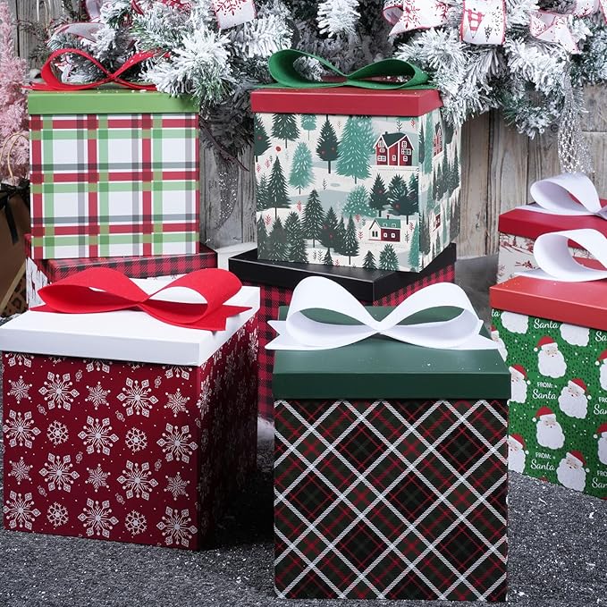Large Christmas Gift Boxes with Lids,10x10x10 Inches Christmas Tree Design Folding Square Gift Boxes for Christmas Decorative,Xmas,Present,Storage,Green