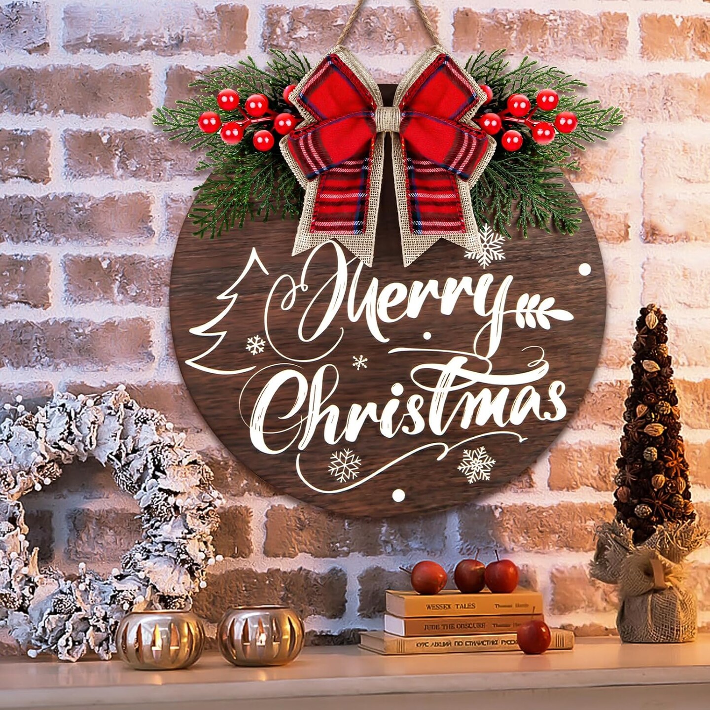 Christmas Door Sign with 30 LED Lights, Lighted Christmas Wreaths for Front Door Wall Porch Window Christmas Decorations, Wooden Hanging Merry Christmas Sign for Farmhouse Indoor Outdoor Decor