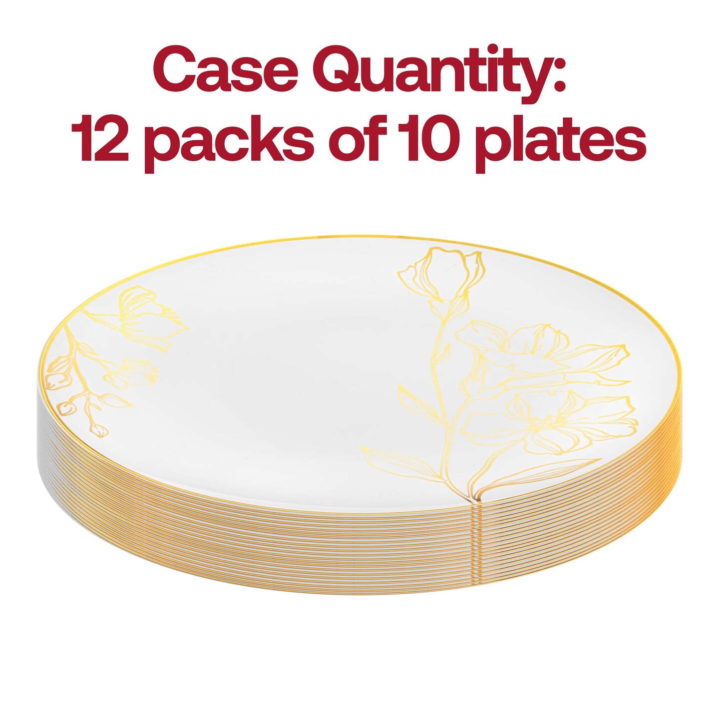 White with Gold Antique Floral Round Disposable Plastic Dinner Plates - 10.25&#x22; (120 Plates)