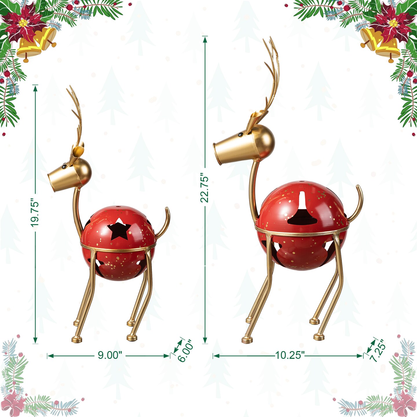 Set of 2 Christmas Metal Bells Reindeer Table D&#xE9;cor or Floor D&#xE9;cor