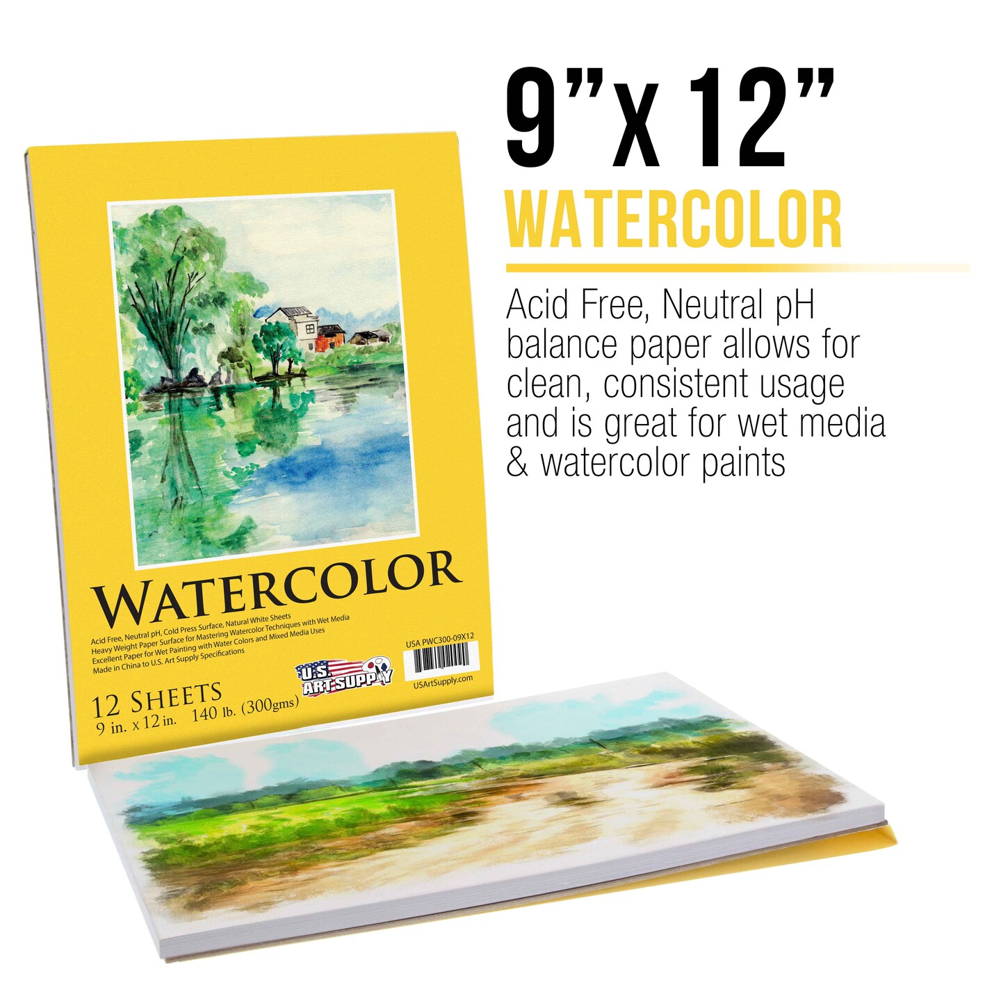 U.S. Art Supply 9&#x22; x 12&#x22; Heavyweight Watercolor Painting Paper Pad, Pack of 2, 12 Sheets Each, 140lb 300gsm, Cold Pressed, Acid-Free, Wet Mixed Media