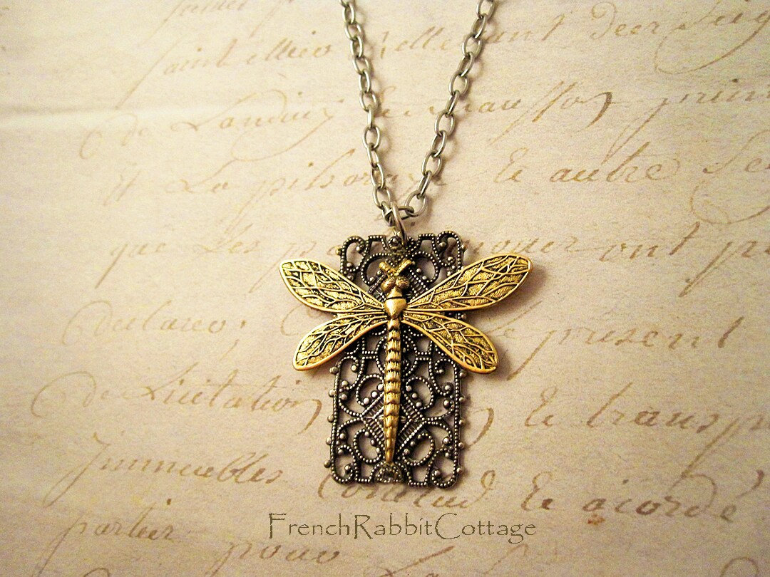 Dragonfly Filigree Necklace Pendant.  Victorian Style Statement Jewelry. Insect Bug Nature Jewelry Gift for Women. Mixed Metal Assemblage product 5