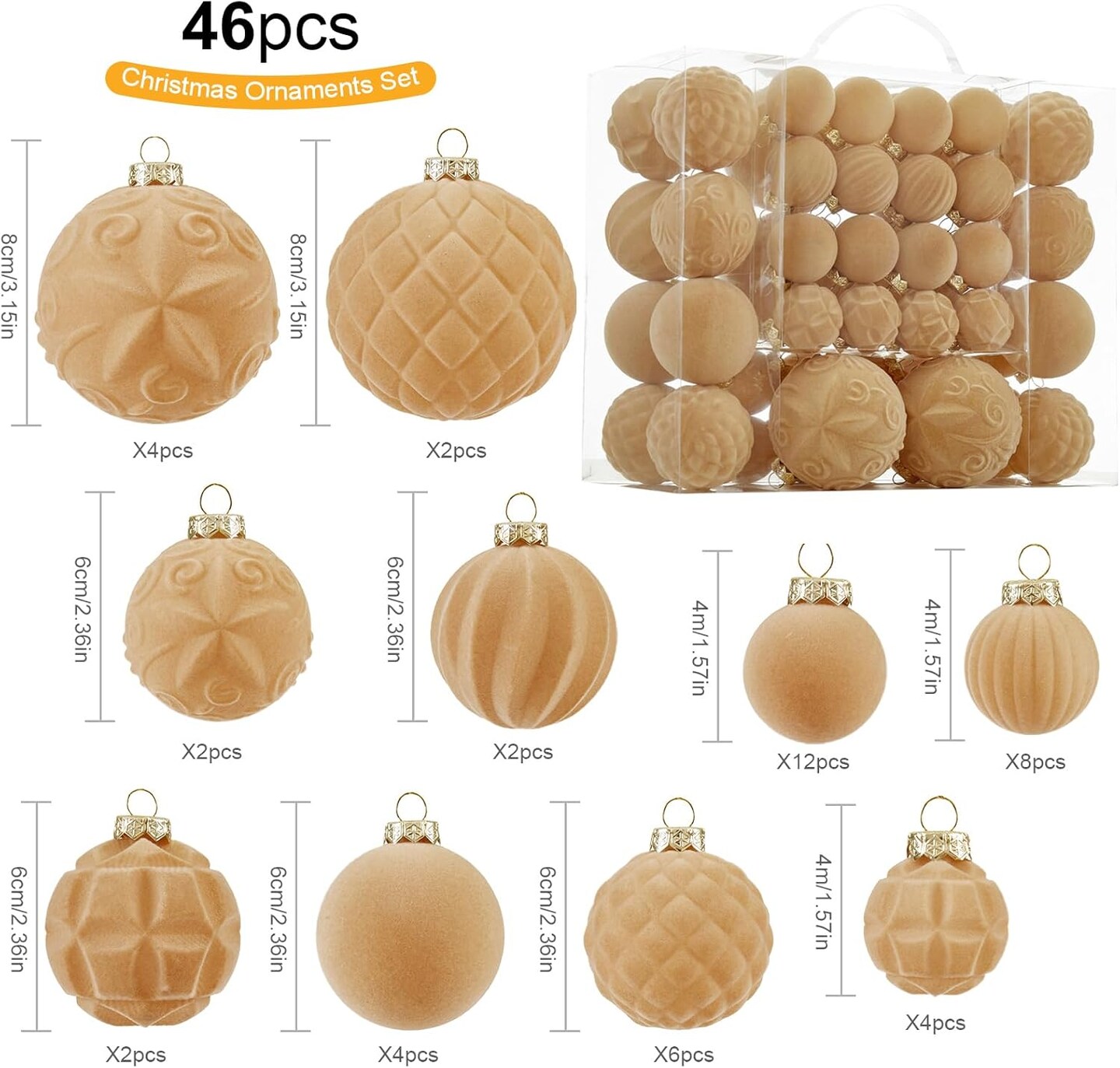 Velvet Christmas Ball Ornaments - 46pcs Flocked Christmas Tree Decorations Set Assorted Shatterproof Hanging Ornaments with Loop for Xmas Holiday Home Decor, 3 Sizes (Champagne)