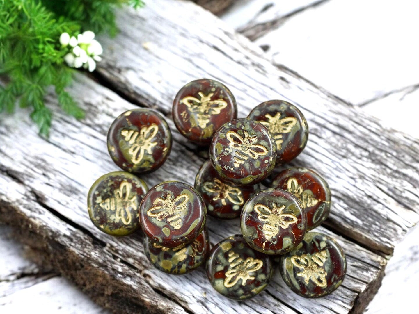 *12* 12mm Gold Washed Red Travertine Bee Coin Beads