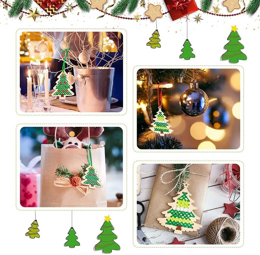 10 pcs Christmas Wooden Cross Stitch Kits Cross Stitch Wood Ornaments Christmas Hanging Decors Craft Christmas Decorations for Christmas Tree Decoration Supplies (Tree Style)