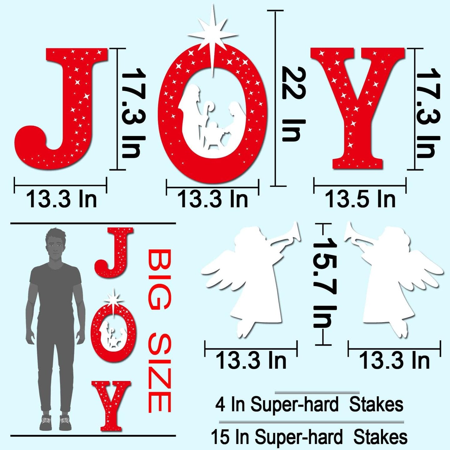 5 Pcs Large Outdoor Christmas Decorations -Joy Nativity Sets for Christmas Outdoor Xmas Nativity Lawn Religious Scenes Yard Decor with Stake for Home Lawn Pathway Walkway, Red, White