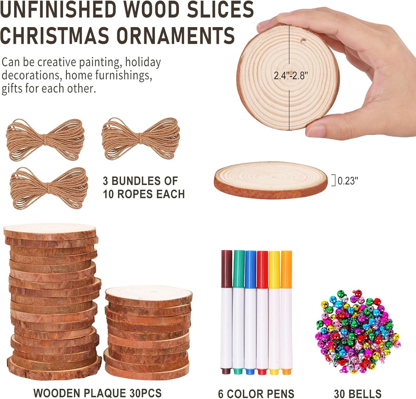 Natural Wood Slices 30Pcs 2.4-2.8&#x27;&#x27; Craft Wood Kit Christmas Ornaments Unfinished Predrilled with Hole Wooden Circles for Arts and Crafts Christmas Holiday Ornaments DIY Crafts