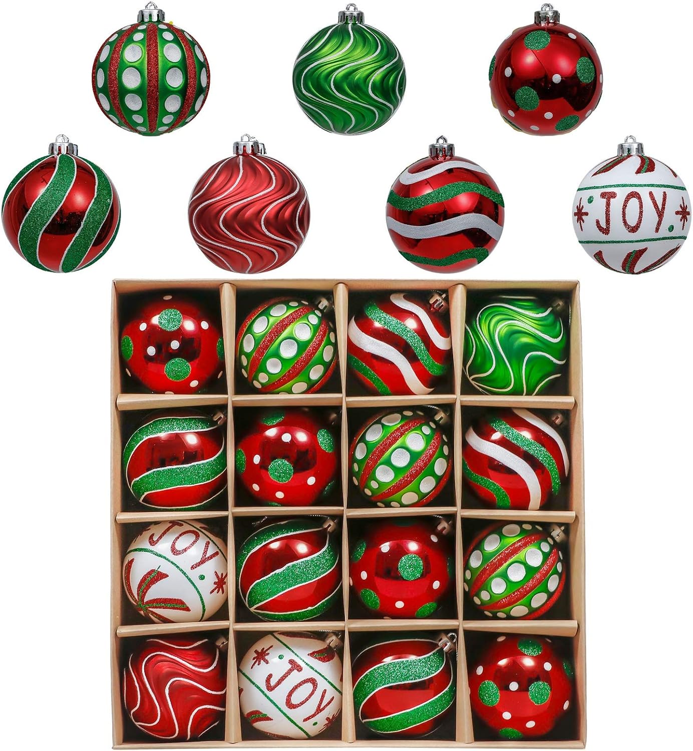 Christmas Ornaments Set, 16ct Red Green White Shatterproof Christmas Tree Decorations Ball Ornaments Bulk, 3.15 Inch Hanging Ornaments for Xmas Trees Holiday Party Decor