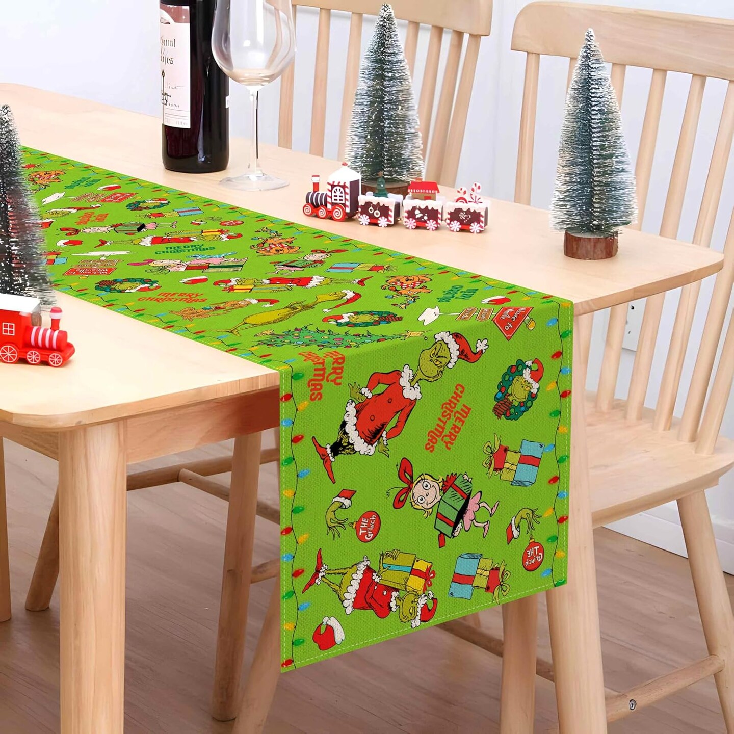 Merry Christmas Table Runner Whoville Christmas Xmas Winter Holiday Season Party Decorations Kitchen Fireplace Dining Room Home Decor (Green, 13&#x22; x 90&#x22;)