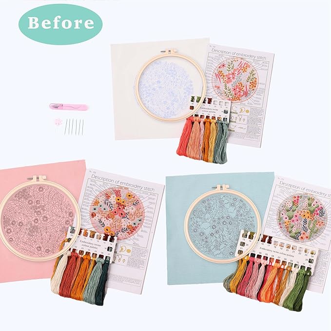 Patterns and Instructions, DIY Adult Cross Stitch Kits Beginner, Including 3 Plastic Embroidery Rings, 1 Scissors, Colored Threads and Needles