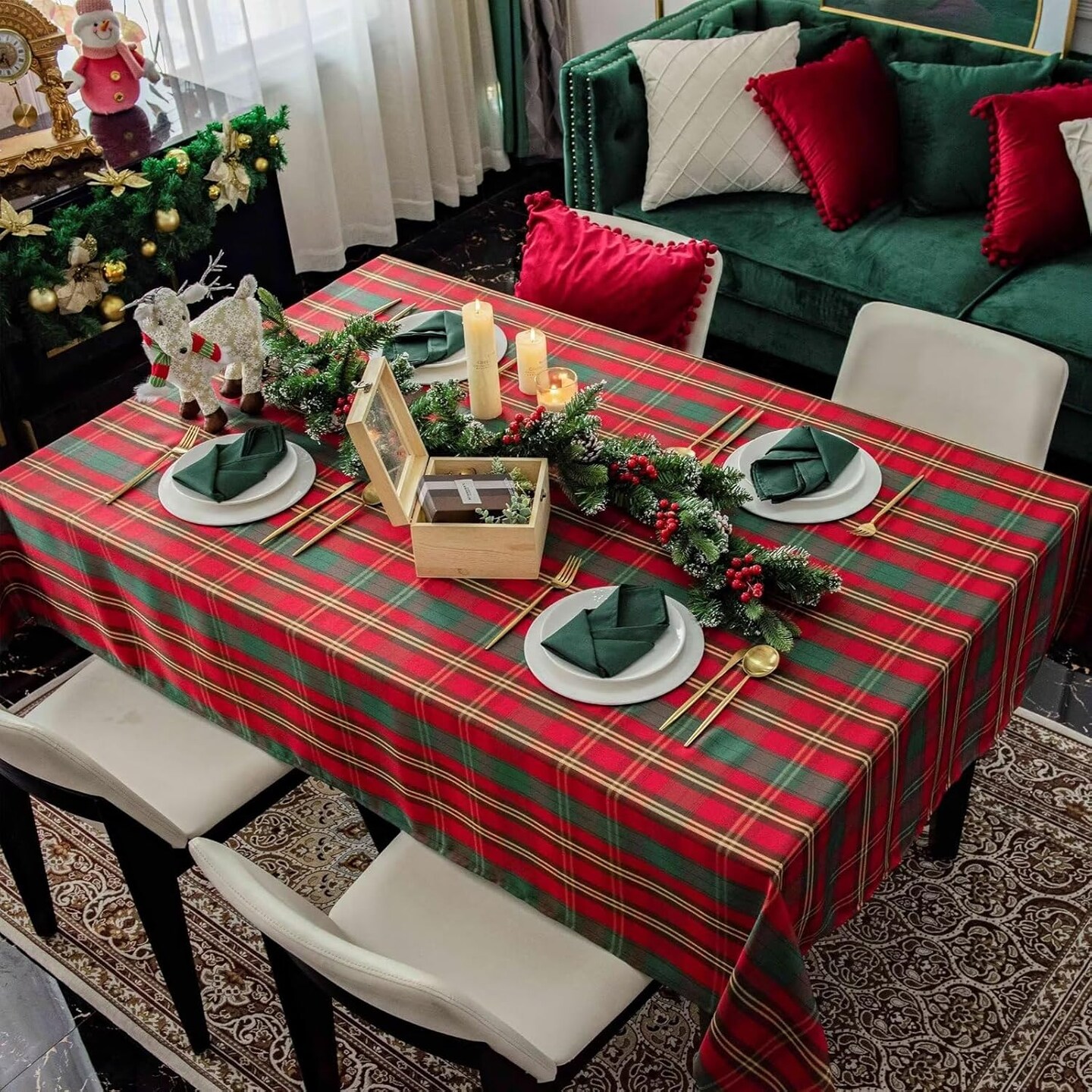 Christmas Rectangle Tablecloth 60x84 inch - Waterproof Holiday Decoration Tablecloth - Reusable Wipable Fabric Table Linen for Kitchen, Holiday Dinner Table Covering for Thanksgiving