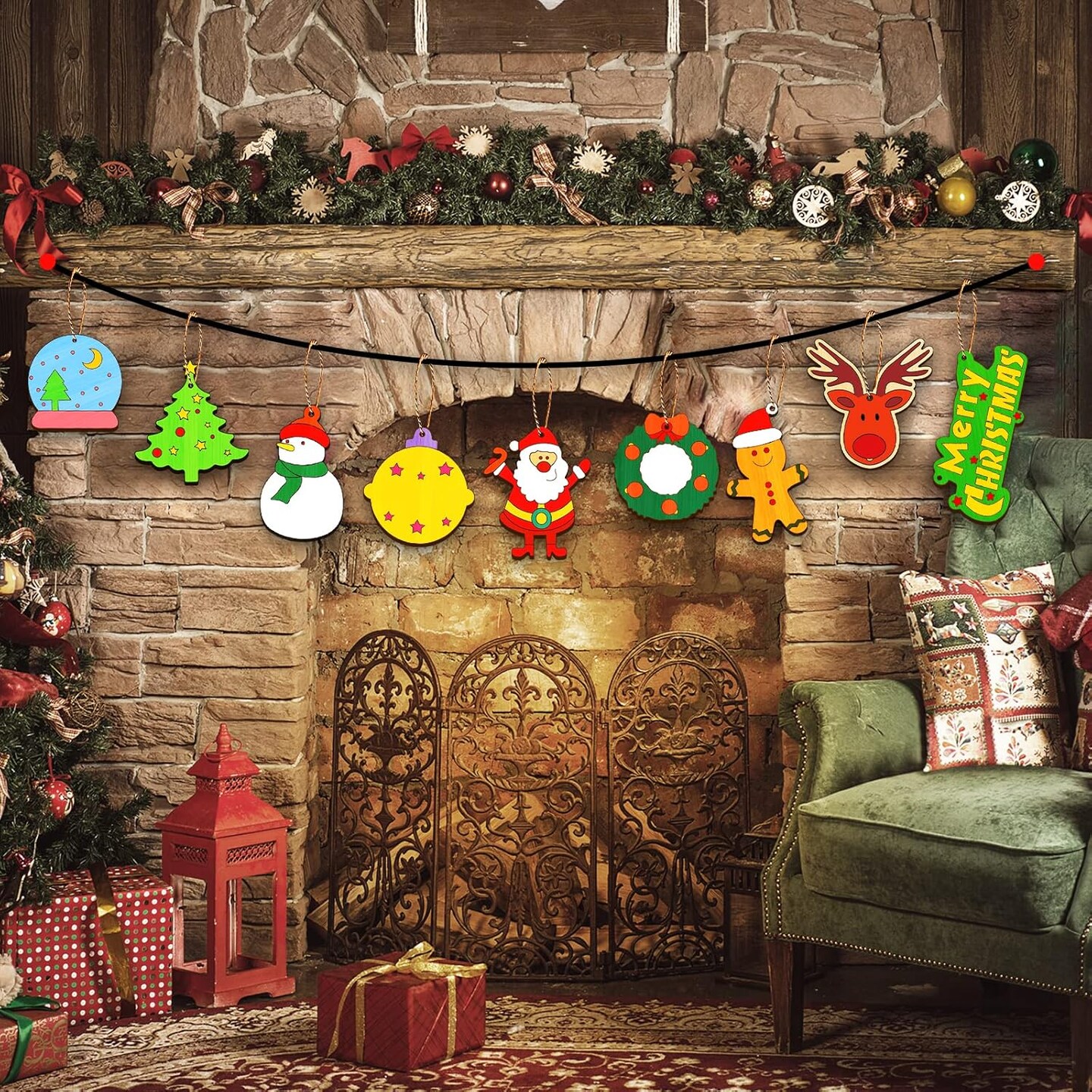 Christmas Crafts for Kids,36 Pcs Wooden Christmas Ornaments with Ropes for Hanging Decoration, 12 Styles Unfinished Wood Slices with Hole, DIY Ornament Craft for Boys &#x26; Girls Aged 5 6 7 8 9 10 11 12