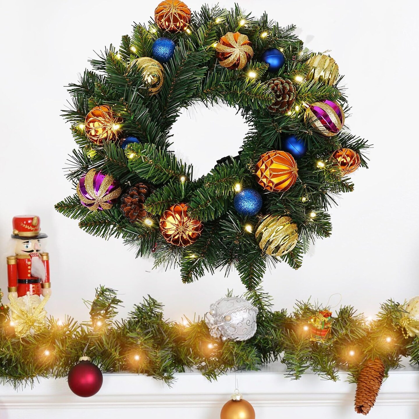 Pre-Lit Artificial Christmas Wreath 20 Inches Battery Operated Timer Lighted Christmas Wreath, Artificial Wreath Christmas Decoration Home Indoor Outdoor (Green Pure)