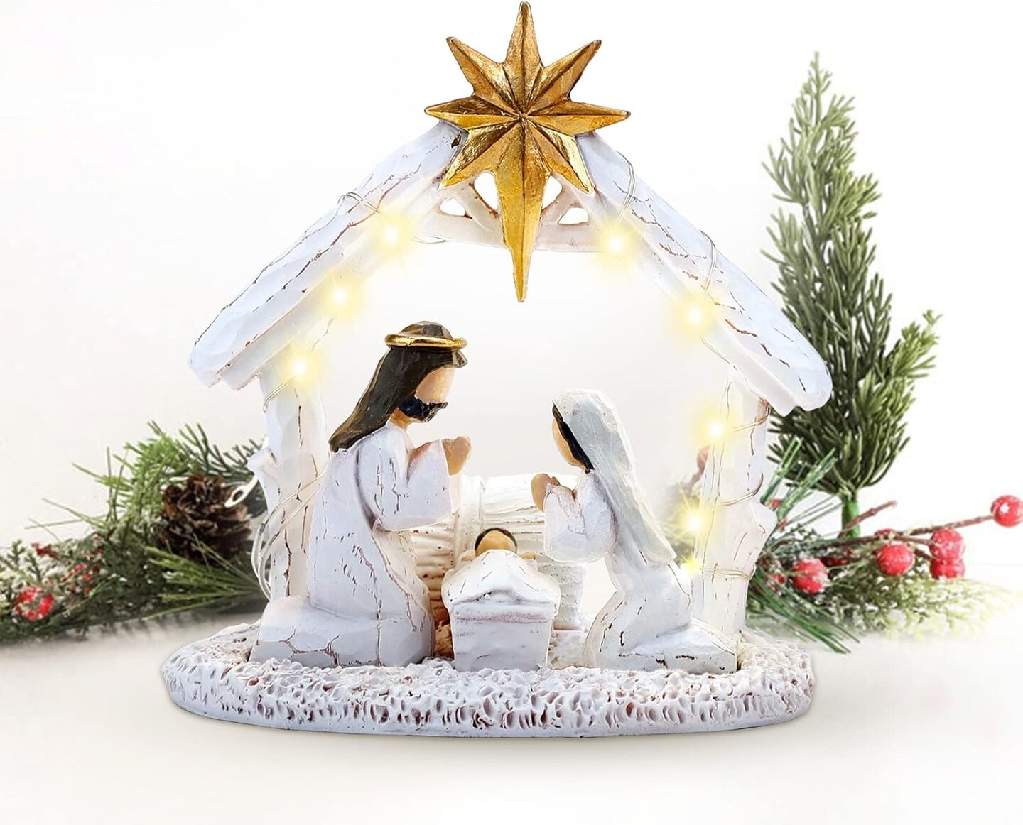 Nativity Set for Christmas Indoor Nativity Scene Indoor Christmas Decoration with LED Lights Christmas Tabletop Decoration Memory (Figurines Nativity Scene)