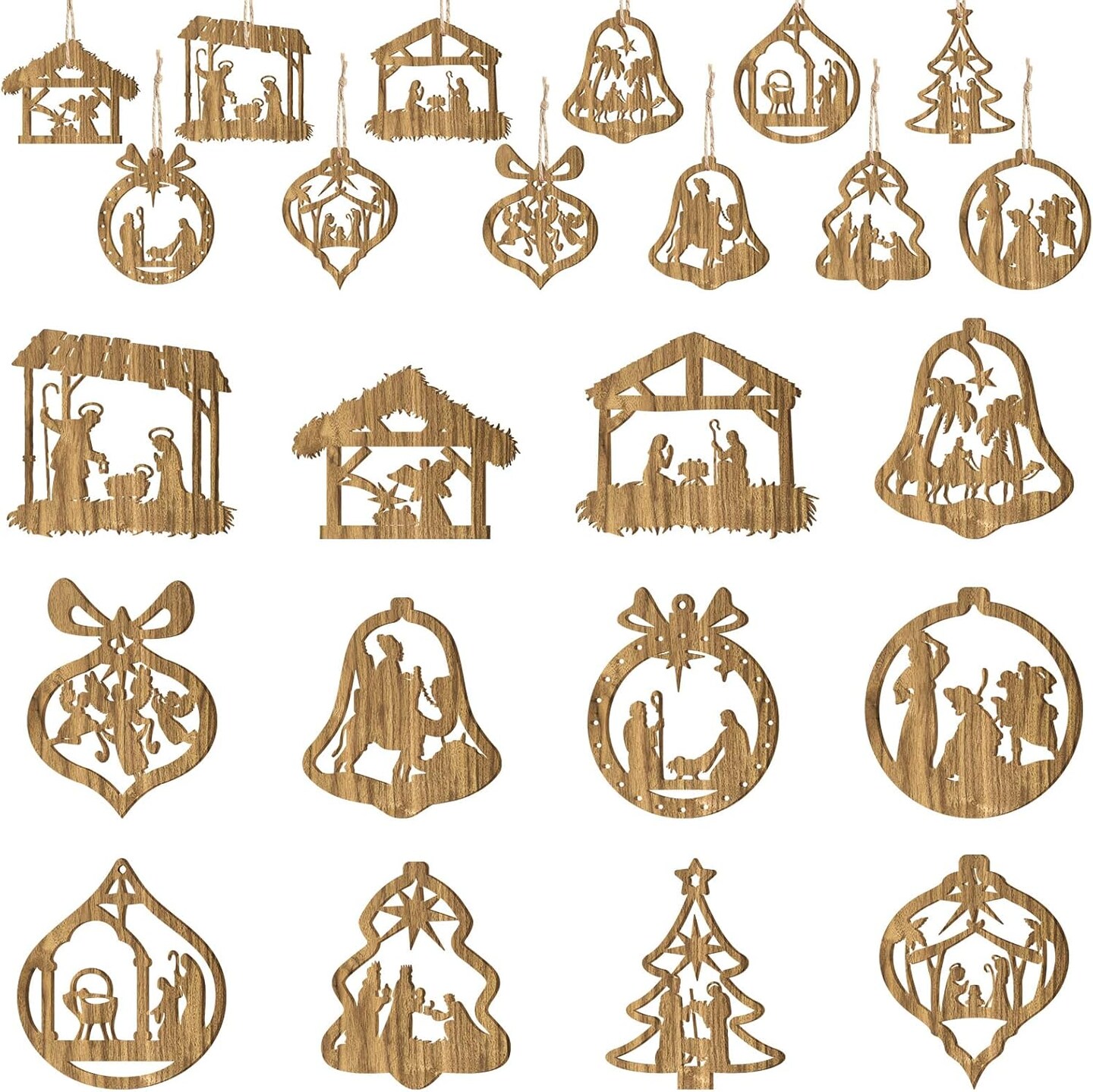 24 Pieces Christmas Nativity Scene Christian Ornaments Wooden Hanging Ornament Gifts The Birth of Jesus Decoration Religious Gifts for Xmas Tree Indoor Outdoor Family and Christian