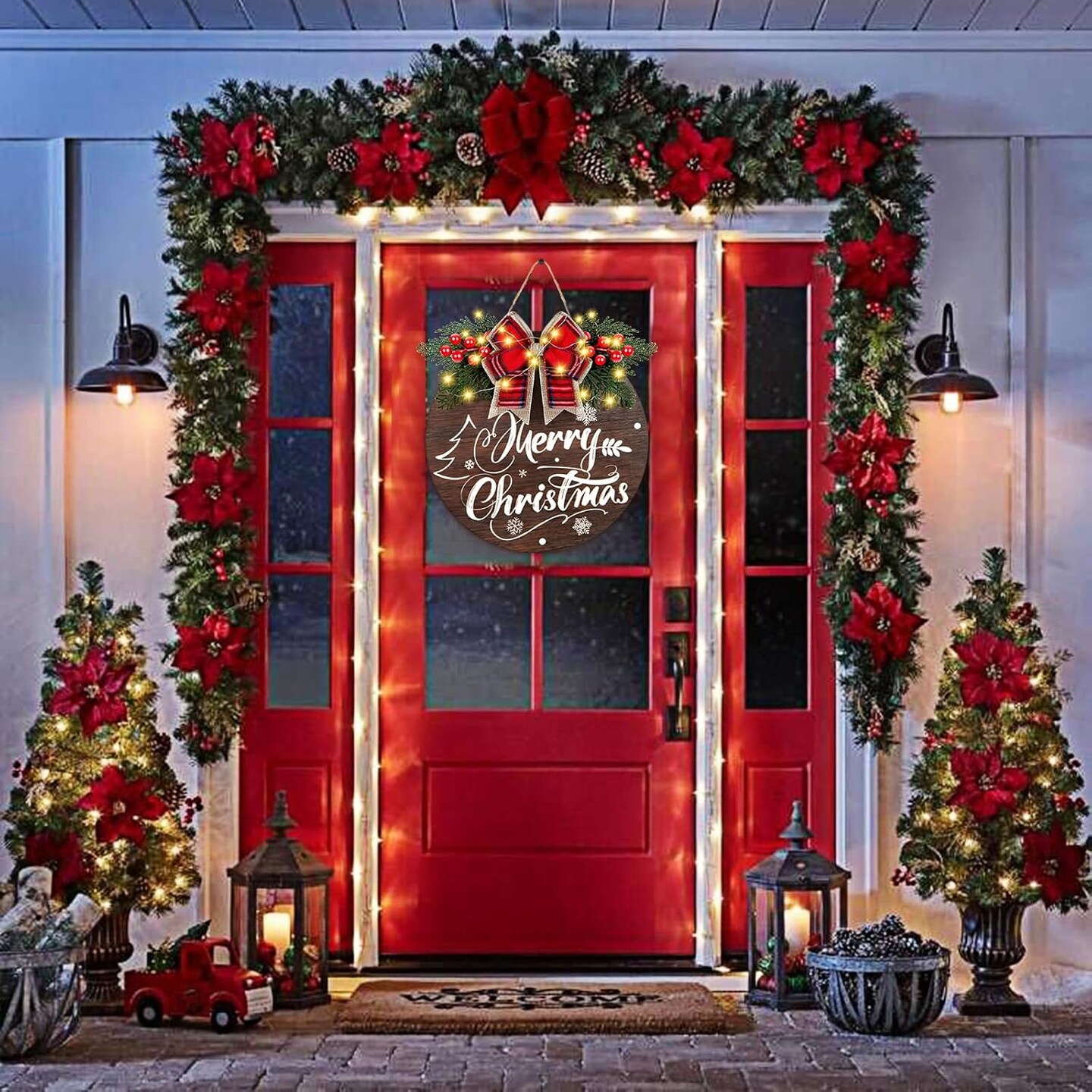 Christmas Door Sign with 30 LED Lights, Lighted Christmas Wreaths for Front Door Wall Porch Window Christmas Decorations, Wooden Hanging Merry Christmas Sign for Farmhouse Indoor Outdoor Decor