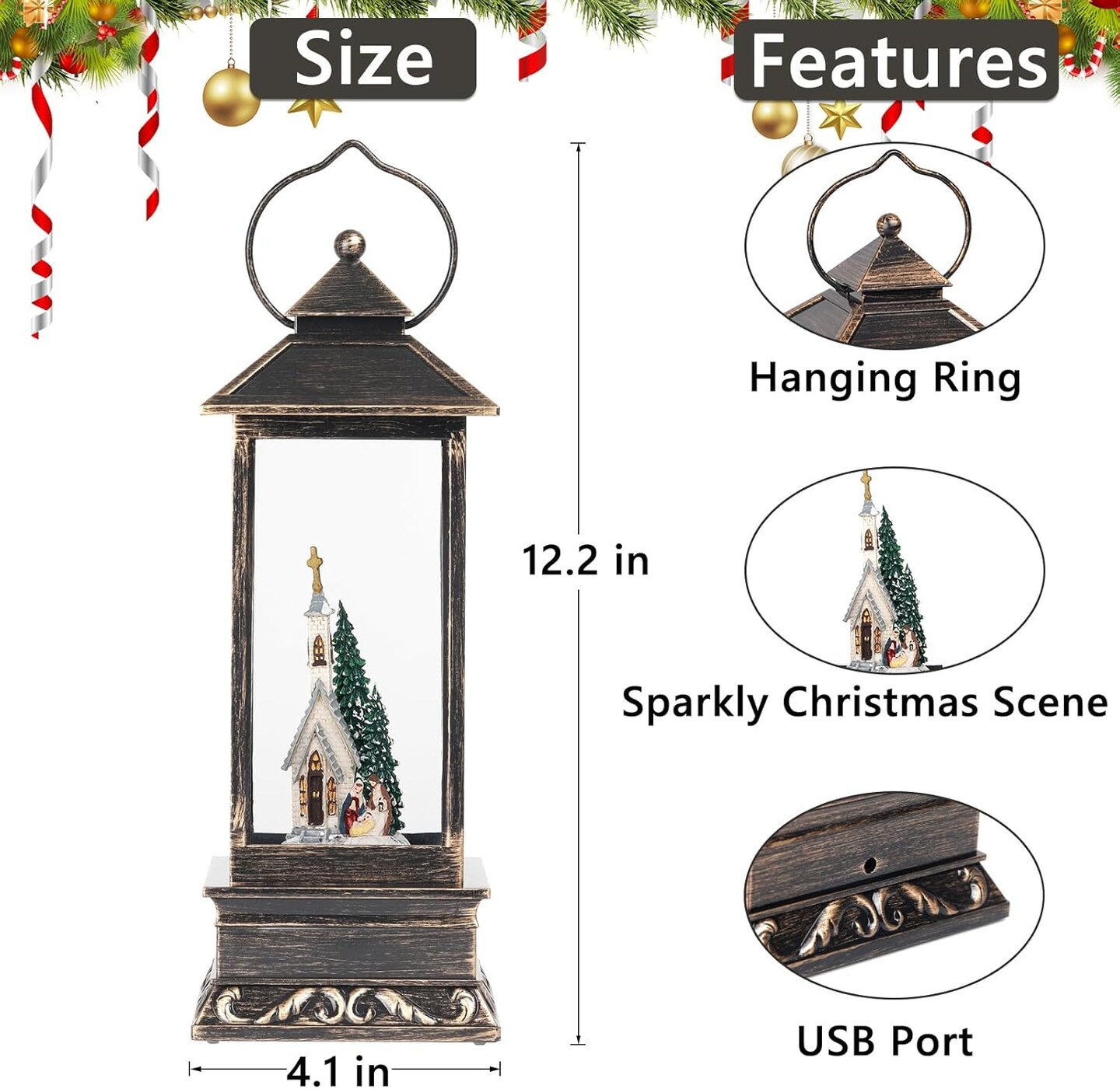 Snow Globe, Christmas Decorations, Battery Operated &#x26; Plug-in Musical Lighted Christmas Snow Globes, Christmas Ornaments, Thanksgiving, Indoor, Party, Table Decorations, Christmas Decor (Church)