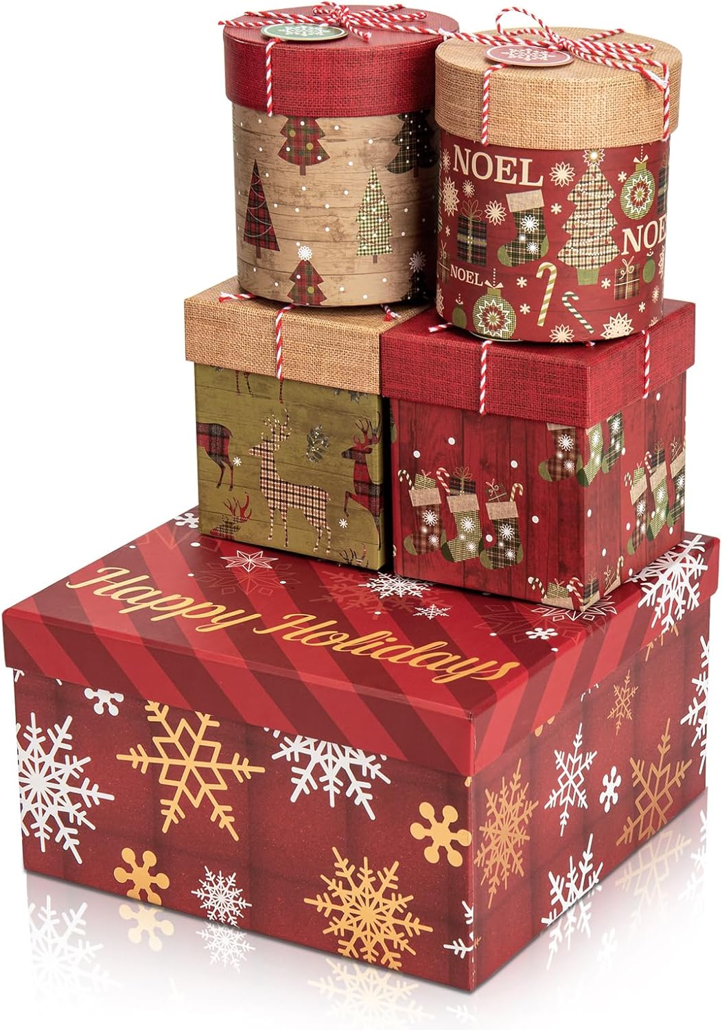 Christmas Gift Box 5 Pack Nesting Gift Boxes for Presents Holiday Gift box with Lid for Christmas Party Favors -Assorted sizes and Design