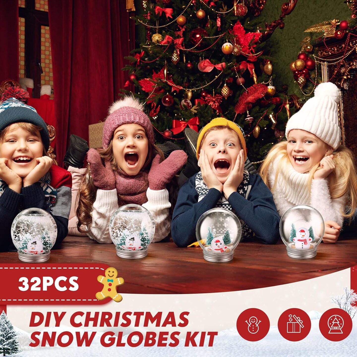 32 Set Christmas Clear Snow Globes Kit Plastic Water Globe with Screw Off Cap Artificial Christmas Trees Small Snowman Snowflakes for Ornaments DIY Crafts Fillable Snow Globes Home Decoration