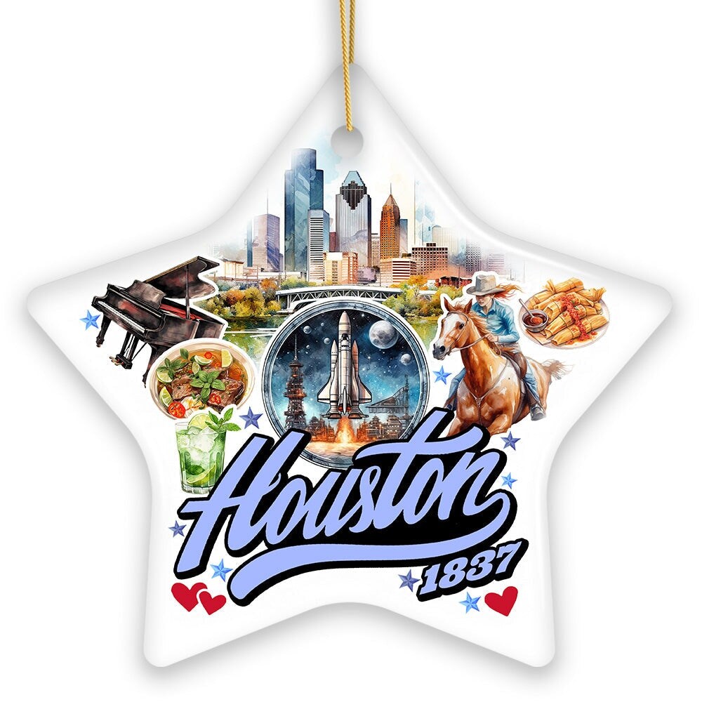 Artistic Houston Ceramic Ornament, Texas Souvenir with Vintage City Elements and Space Shuttle