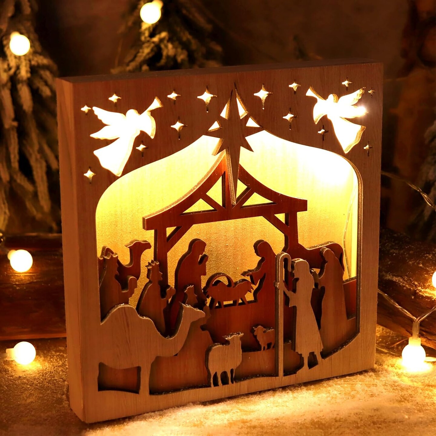 Nativity Sets Christmas Decorations Indoor, Wooden Home Decor with LED String Lights, Nativity Scene Decorations for Christmas Home Display, Table Shelf