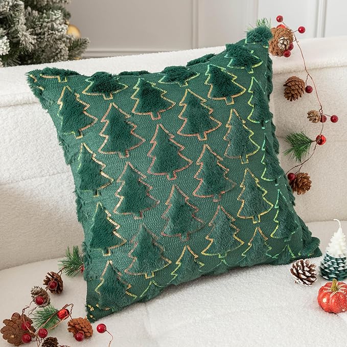 Christmas Tree Decorative Pillow Covers 18x18 Inch Set of 2 Soft Plush Faux Fur Luxury Sparkling Sequin Pattern Throw Pillows Pillowcases for Couch Sofa Holiday Festivals Home Decor, Dark Green