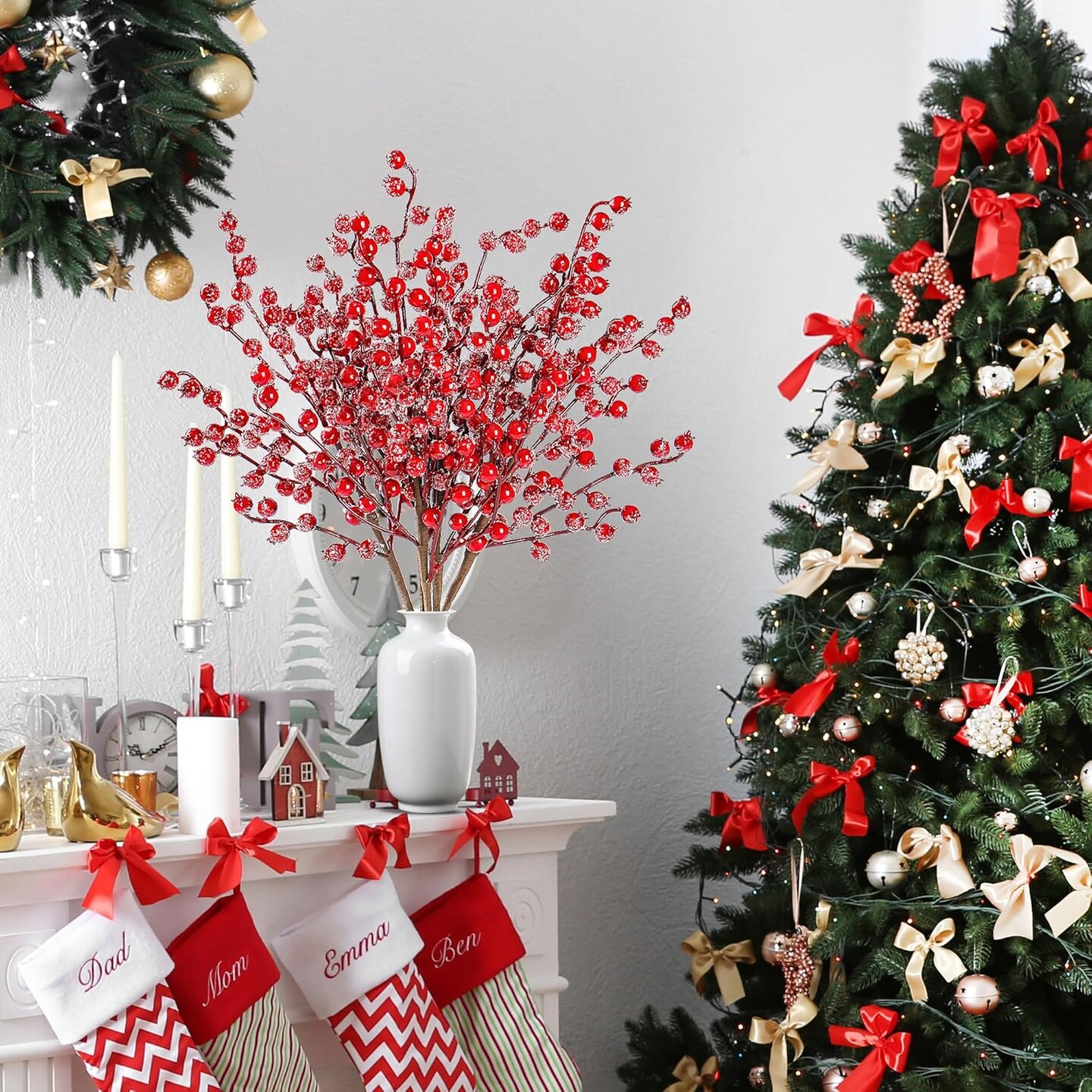 6 Pack Snow Frosted Artificial Red Berry Stems Snowy Christmas Red Berries Holly Berry Branches 17 Inches Fake Berry Picks for Floral Arrangements Christmas Tree Holiday Home DIY Crafts Decor