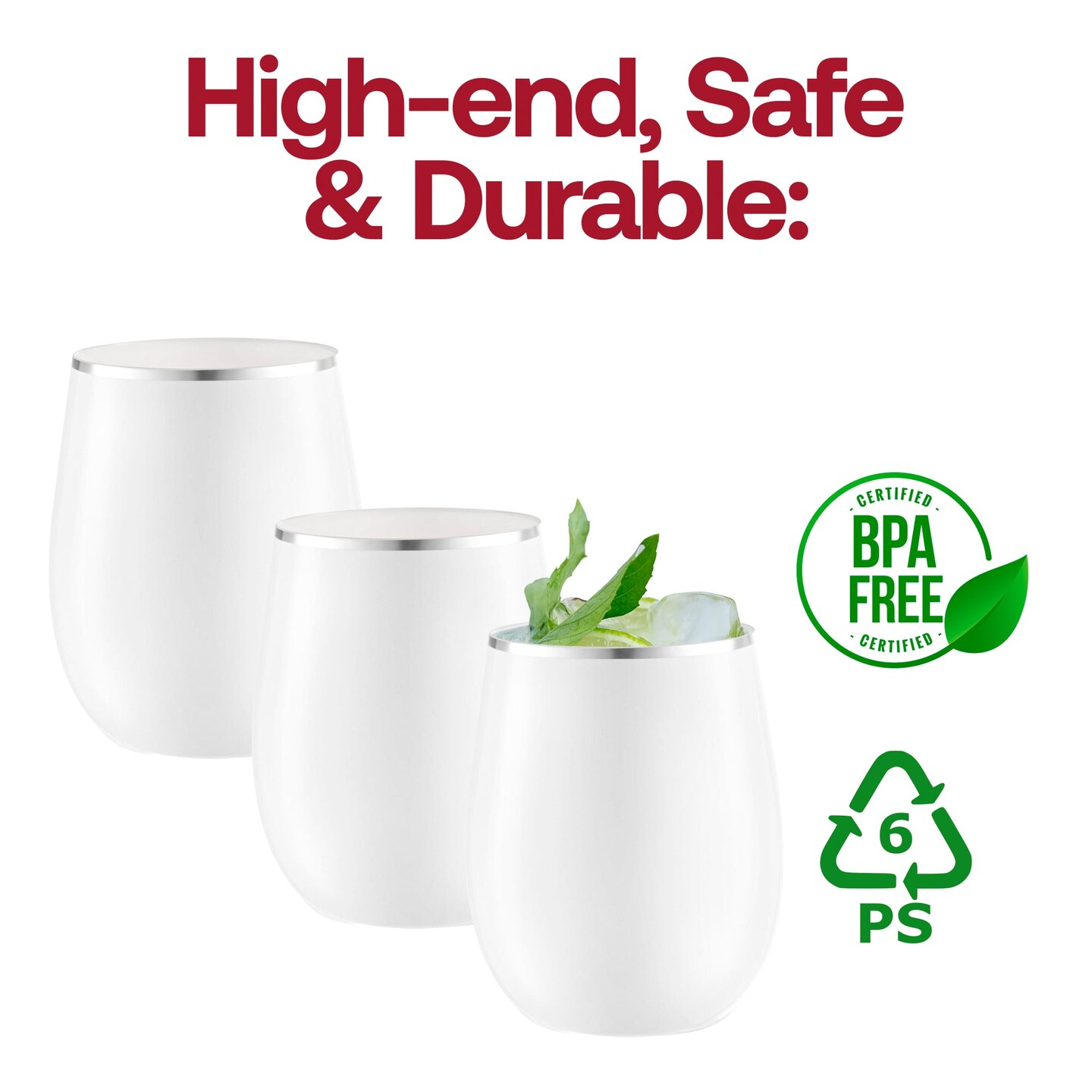 White with Silver Elegant Stemless Plastic Wine Glasses - 12 oz. (64 Glasses)