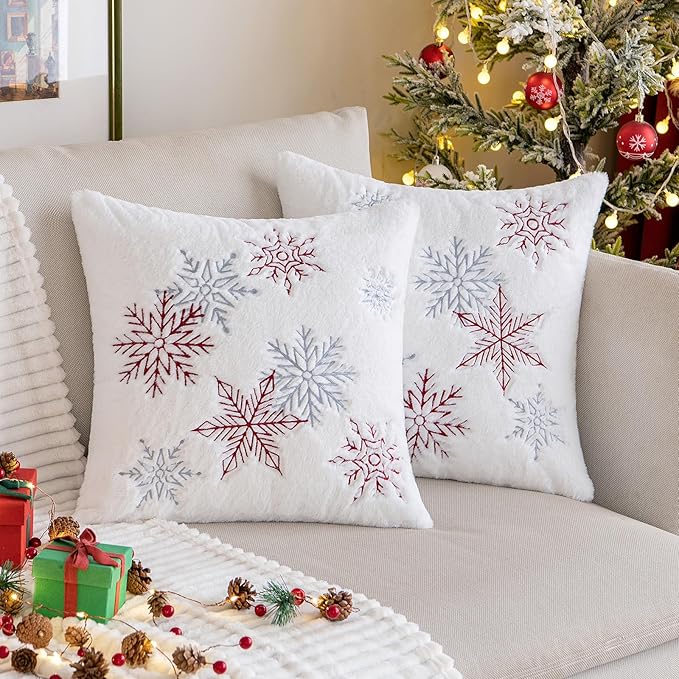 Pack of 2 Christmas Decorative Throw Pillow Covers Soft Faux Fur Pillow Cases with Embroidery Snowflake Cute Pillowcases Holiday Decor for Couch Sofa Bedroom, 18 x 18 Inch, Red