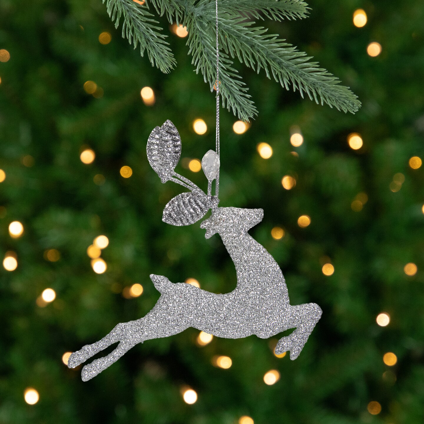 Northlight Leaping Glitter Drenched Reindeer with Faux Gem Christmas Ornament - 5.5&#x22; - Silver
