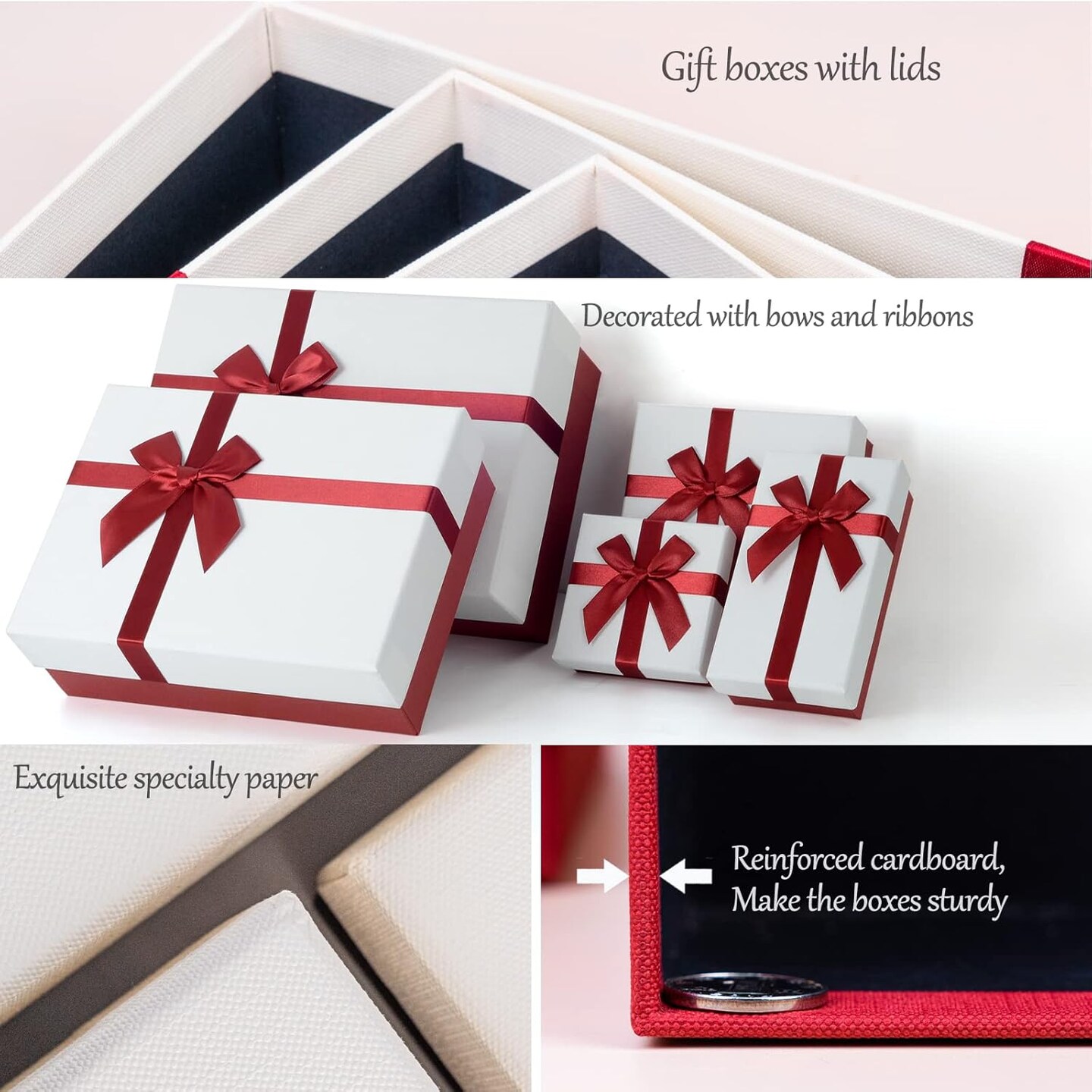 Gift Boxes for Present, 5 Christmas Gift Boxes with Lids, Boxes for Gifts, Red Gift Boxes with Ribbon for Holidday, Christmas, Celebration, Birthday, Weddings, etc.(Red/White)