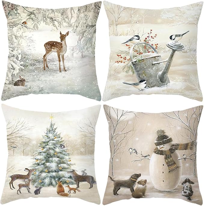 Animals Throw Pillow Cover Christmas - 18 x 18 Inch Pet Snowman Vase Deer Dog Rabbit Bird Xmas Tree Pillow Case - Set of 4 Square Winter Snowfield Pillowslip, Great for Sofa, Patio, bedroom Decor