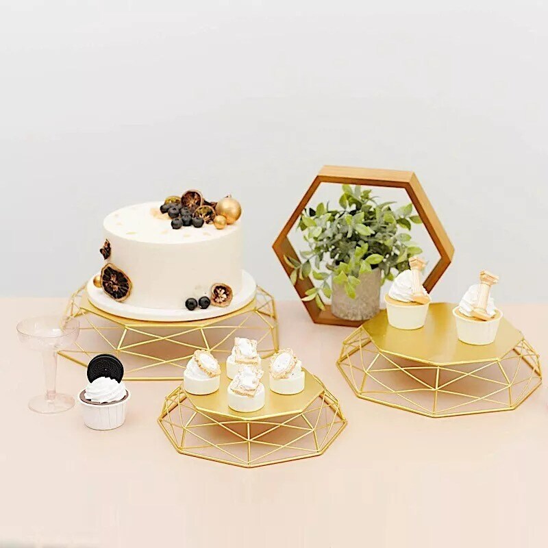 3 Gold Geometric Octagon Metal CAKE STAND Dessert Display Riser Party Supplies