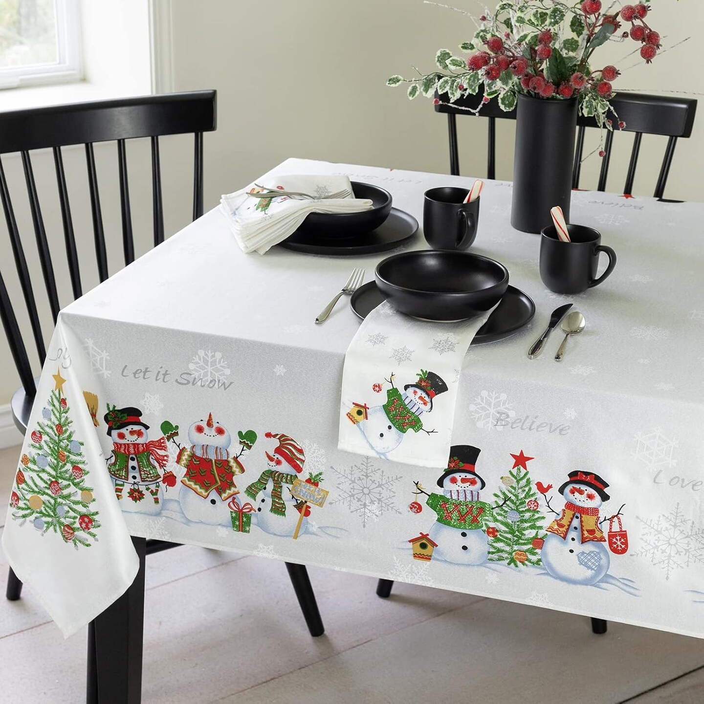 Believe Snowman Engineered Printed Jacquard Fabric Christmas Table Cloth, Christmas Tablecloth for All Winter and Holiday (60&#x22; x 104&#x22; Rectangular, Believe Snowman)