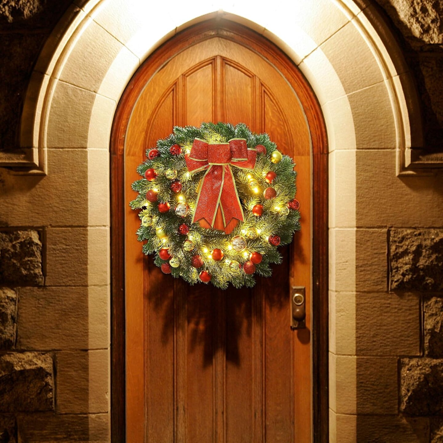 16 Inch Pre-lit Christmas Wreath with Hook, Battery Operated Christmas Wreath Decorative Christmas Balls Hanging Ornament, Artificial Door Wreath 40 Clear LED Lights