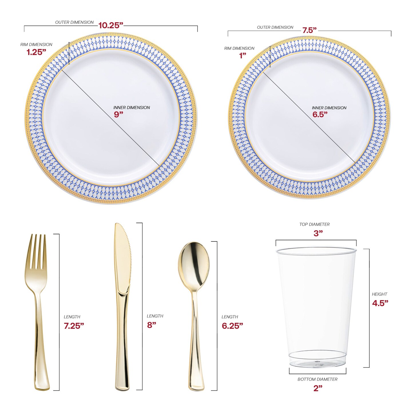 White with Blue and Gold Chord Rim Plastic Wedding Value Set (20 Settings)