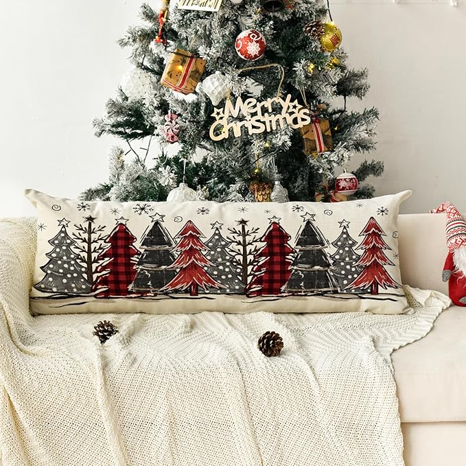 Red and Black Buffalo Plaid Christmas Trees Long Lumbar Pillow Cover 14 x 36 Inch, Winter Holiday Long Body Pillow Case for Bed Sofa Bench