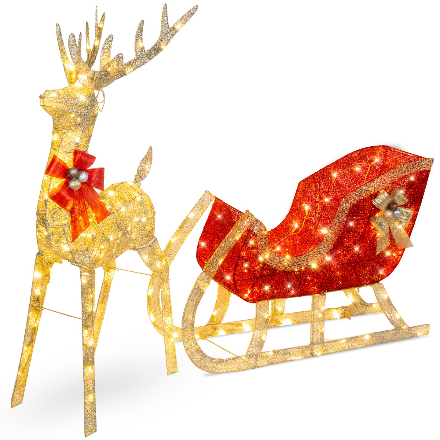Best Choice Products Lighted Christmas 4ft Reindeer &#x26; Sleigh Outdoor Yard Decoration Set w/ 205 LED Lights, Stakes