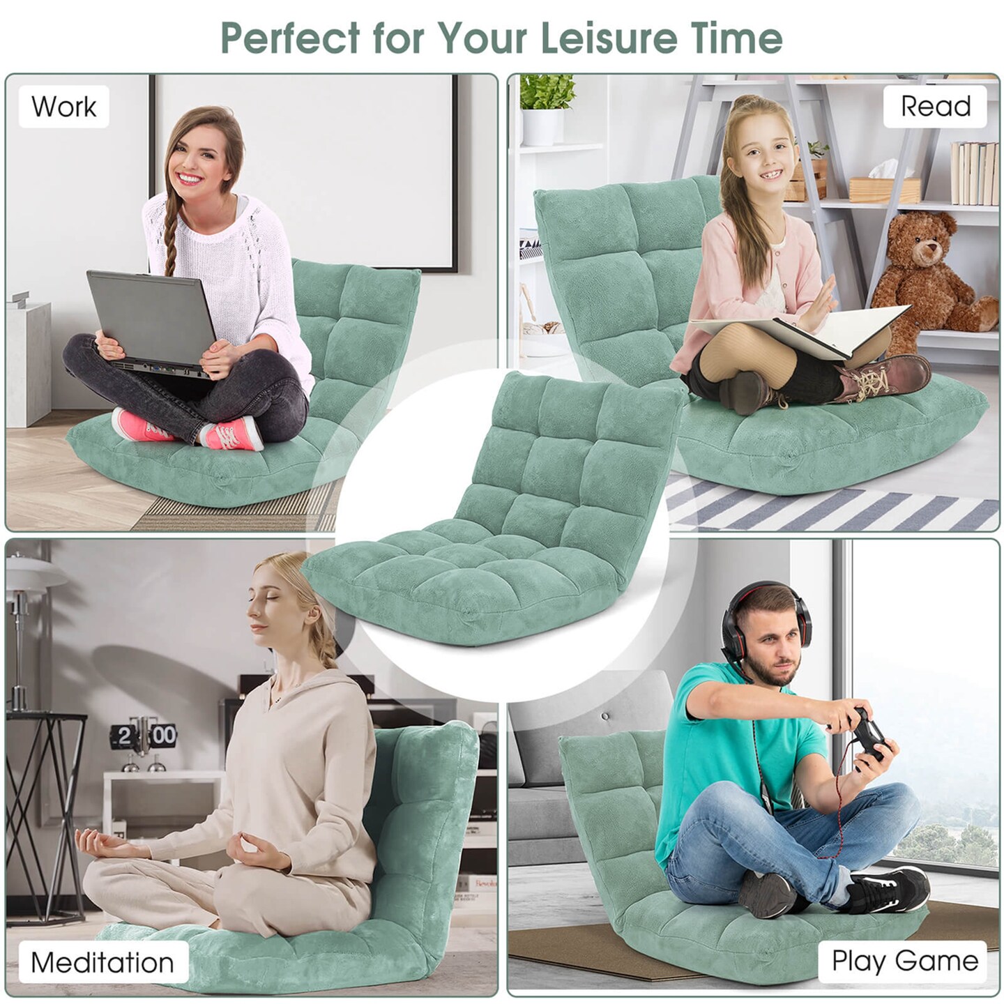 Costway Adjustable 14-Position Floor Chair Folding Lazy Gaming Sofa Chair Cushioned New Blue/Green/Light Pink/Purple/Black/Coffee/Tan/Pink/Gray