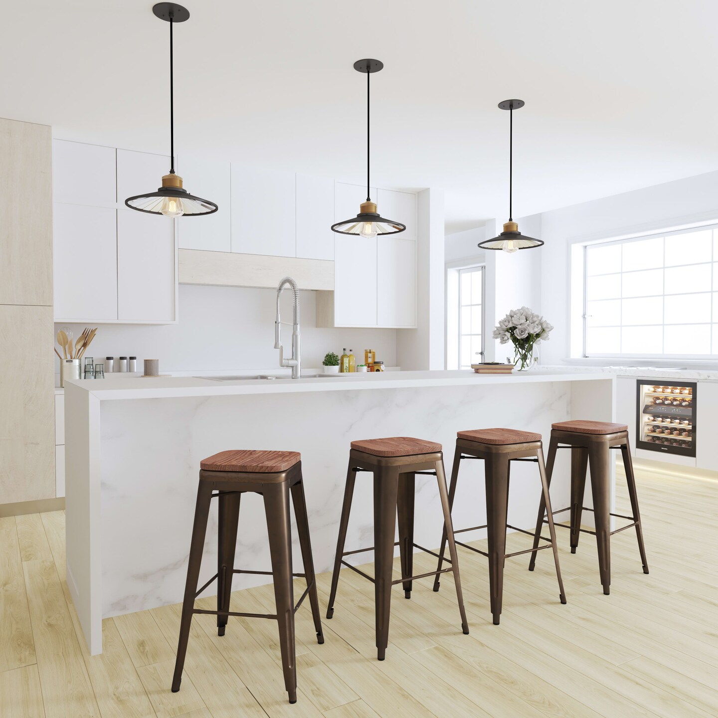 Merrick Lane Brooklyn Set of Four Metal Backless Wood Square Seat Bar Stools With Cross Braces