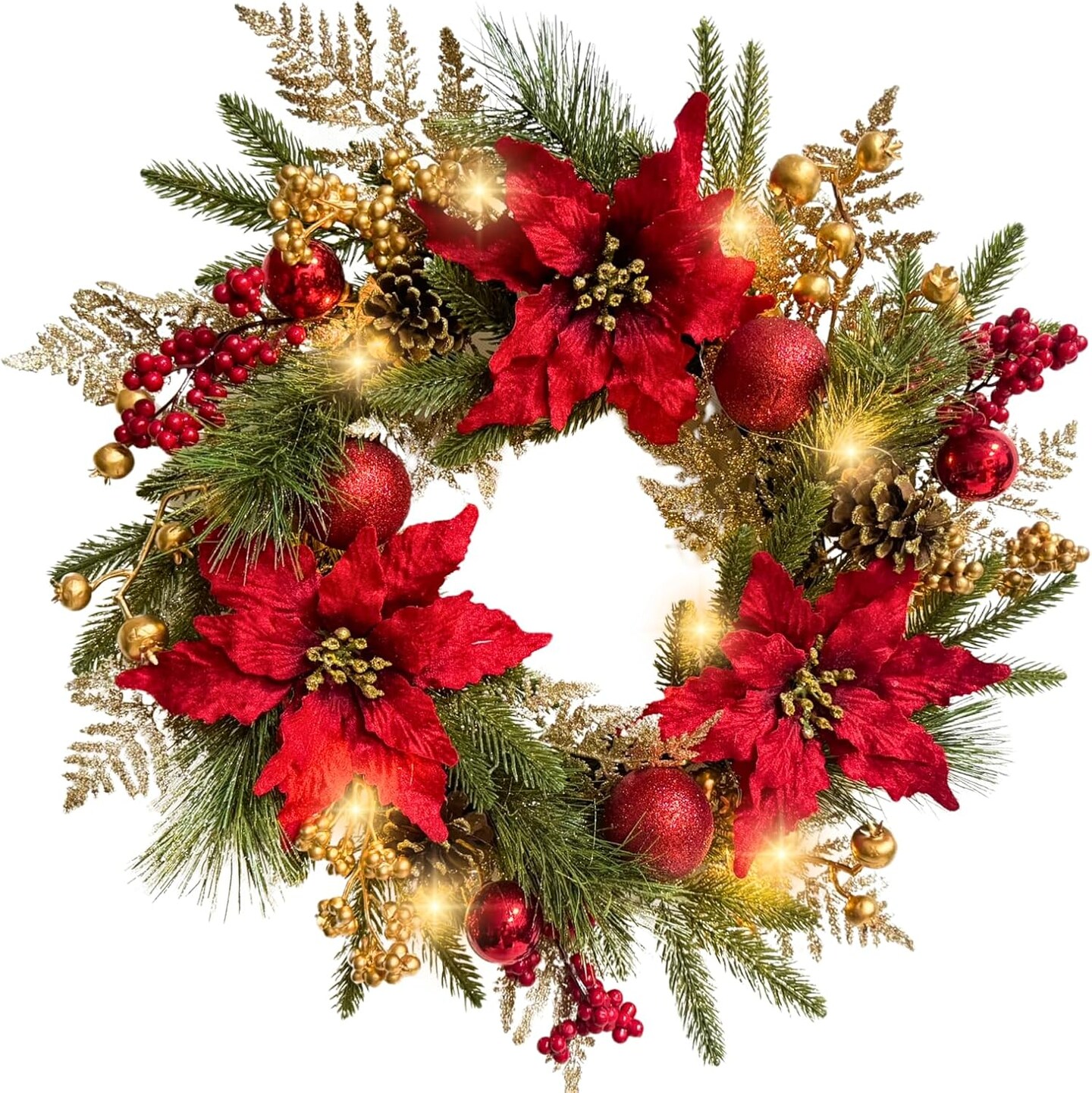 22 Inch Lighted Golden Glitter Christmas Wreath with Red Artificial Poinsettia Flowers Ball Ornaments Golden PineCones Berries for Door Wall Window Fireplace Holiday Decorations