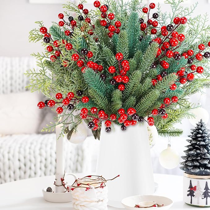Branches Red Berry Picks Fake Greenery Plants Pine Sprigs Christmas Tree Stems 8.1&#x22;-12&#x22; for Holiday Christmas Tree DIY Garland Centerpiece Floral Arrangement