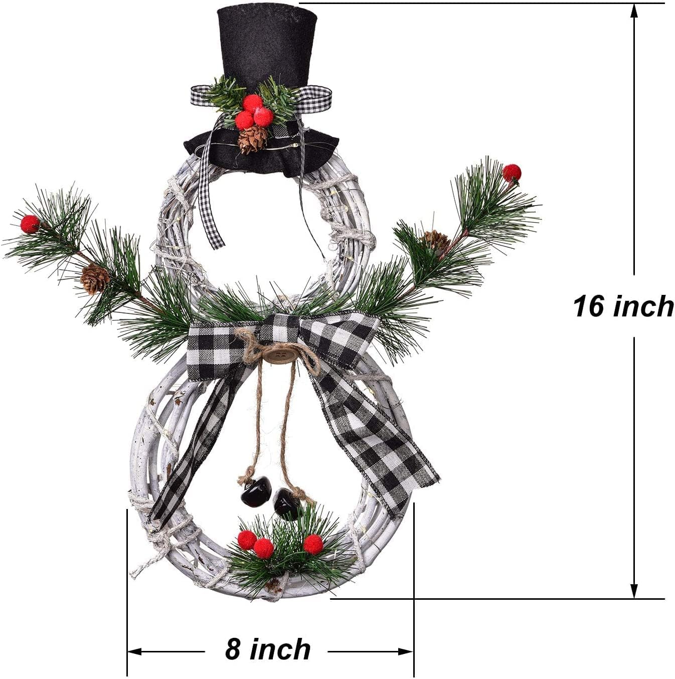 Lighted Christmas Wreath Decoration, 16 x 8 Inch Grapevine Wreath with Hat and Bow Snowman Shape Wreath for Front Door Home Garden Wall Decor