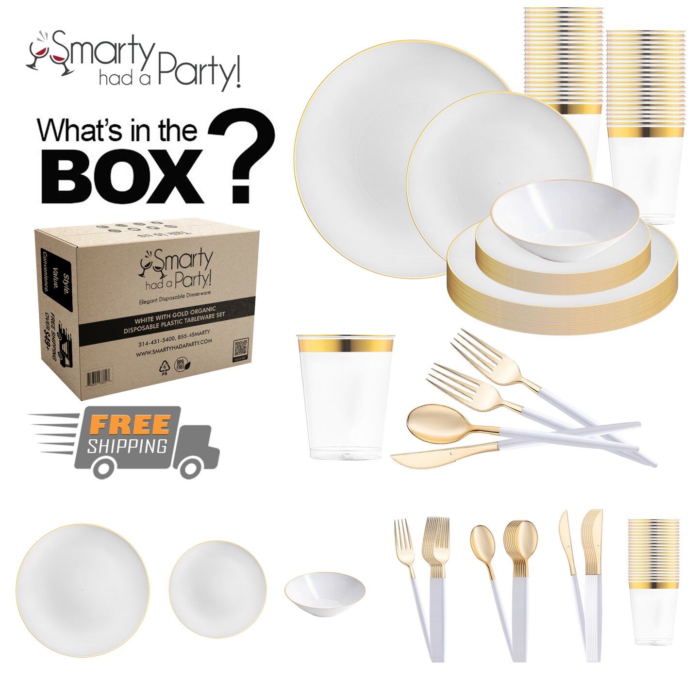 White with Gold Organic Disposable Plastic Tableware Set (60 Settings)